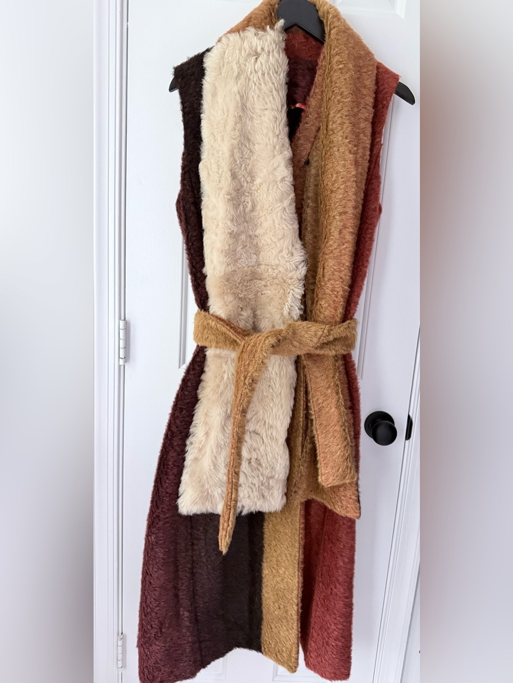Thakoon Multi-Panel Faux Fur Belted Vest in Cream, Brown & Rust